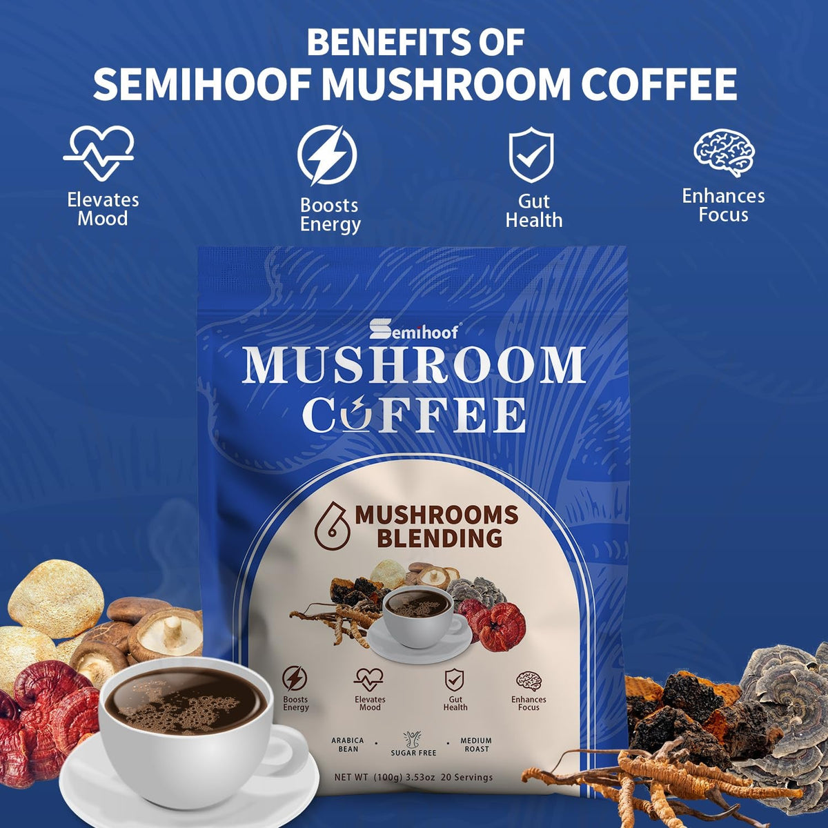 Functional mushroom coffee with adaptogens