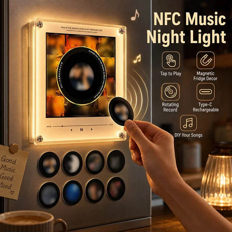NFC vinyl record fridge magnet shown on a refrigerator door